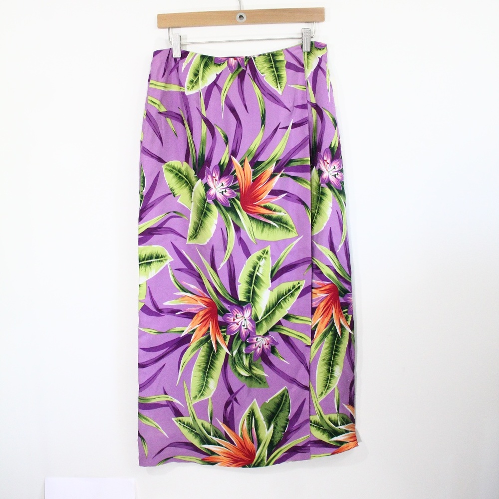 Women Silk Hawaiian Skirt New Faux Wrap Tropical Floral Print sz 10